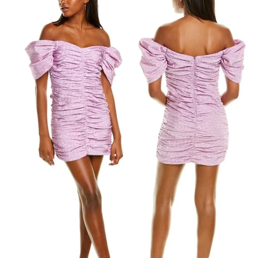 HUTCH x Anthropologie Wren Mini Dress Lilac Ruched Off the Shoulder Dress - Picture 1 of 12